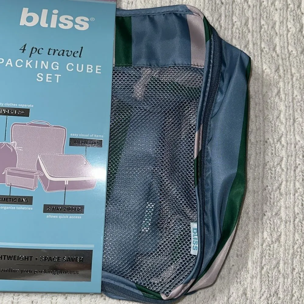 bliss Blue Green Blush Pink Mesh Stripe 4pc Travel Packing Cube Set